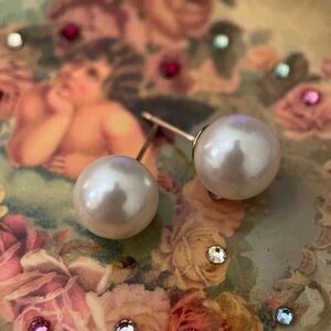 14k solid gold 10mm round pearl statement bold stud earrings